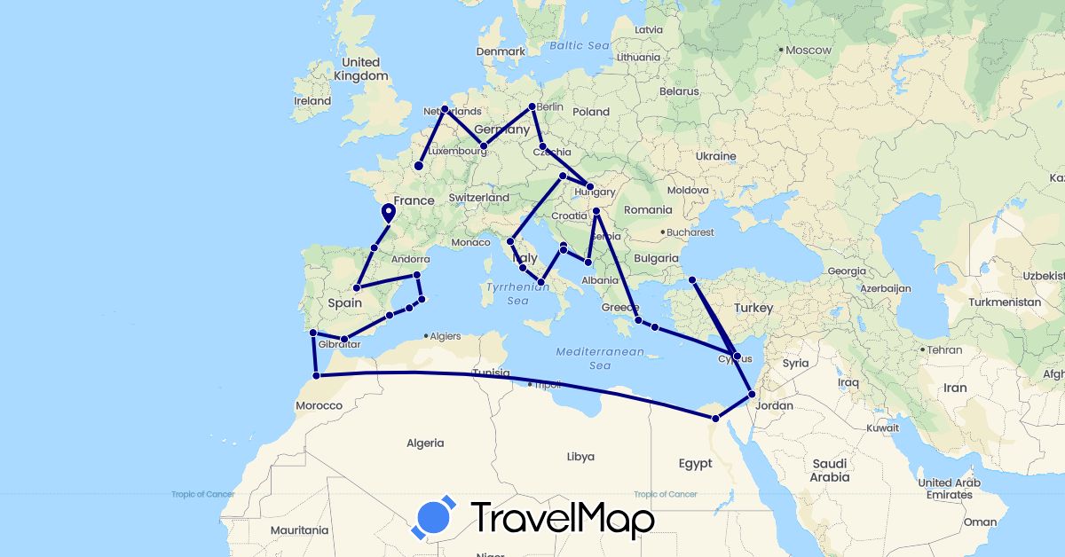 TravelMap itinerary: driving in Austria, Cyprus, Czech Republic, Germany, Egypt, Spain, France, Greece, Croatia, Hungary, Israel, Italy, Morocco, Montenegro, Netherlands, Portugal, Serbia, Turkey (Africa, Asia, Europe)